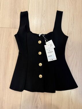 Zara Black Square Neck Button-Front Top